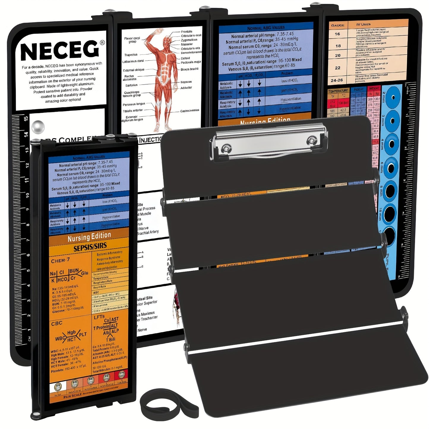 4 Layers Aluminum Nursing Clipboard Foldable - Pocket Size 3.5 x 9 inches with Medical Edition Cheat Sheets for Nurses, Students, and Doctors