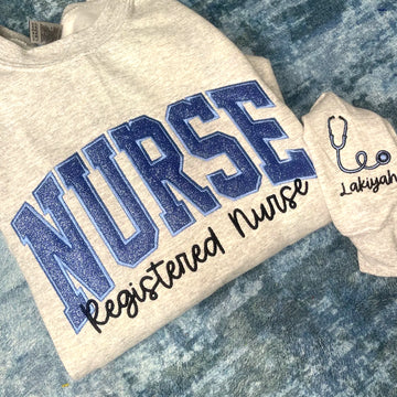 Personalized Nurse Embroidered Sweatshirt: Glitter Stethoscope Sleeve