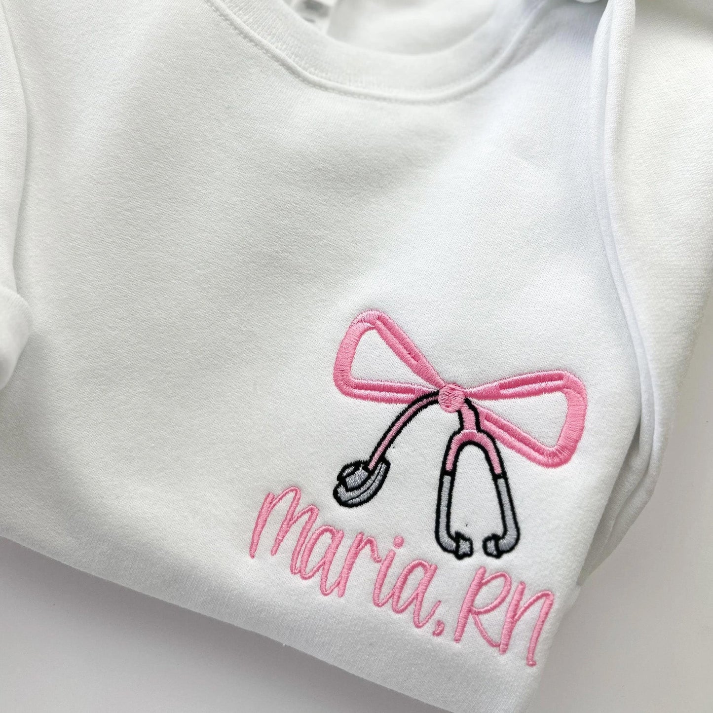 Custom Crewneck Sweatshirt. Custom Embroidered Sweatshirt Nurse Coquette Stethoscope Bow Embroidery.