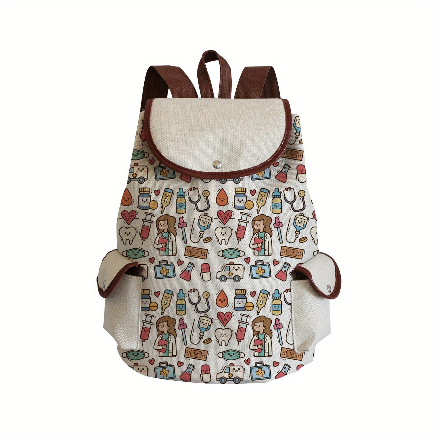 Multifunctional Cartoon Nurse Pattern Backpack, Classic Storage Daypack For Women, Work Bag