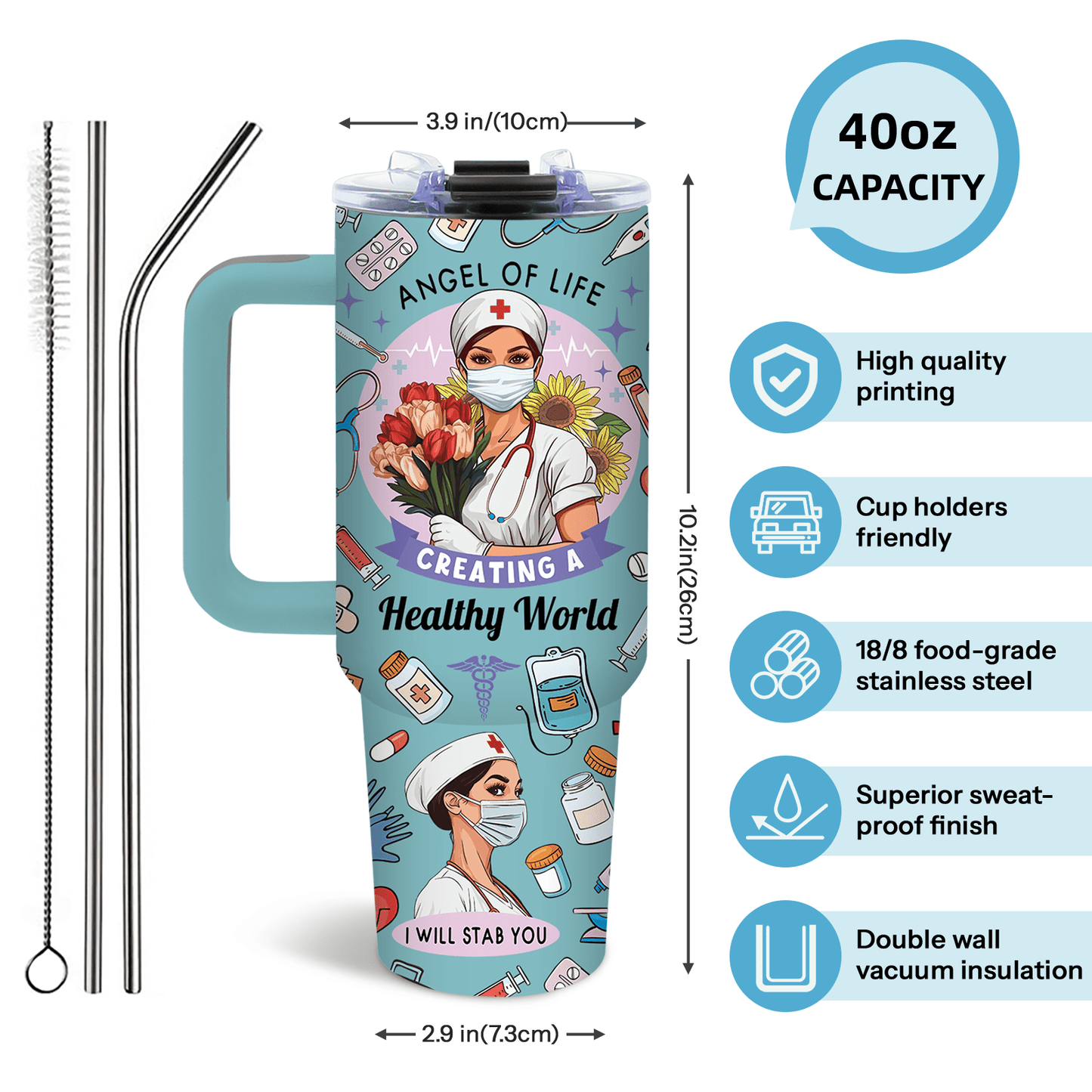 40oz BPA-Free Stainless Steel Nurse Appreciation Tumbler with Handle