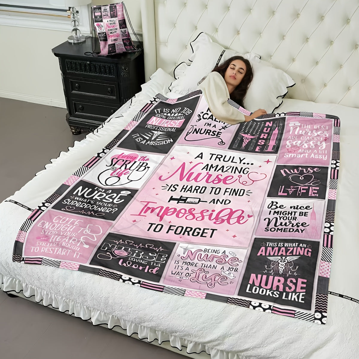 Nurse Appreciation Flannel Blanket, 50x60 inches, All-Season Multipurpose, Stain Resistant, Digital Print, Machine Washable, Preppy Style, Polyester