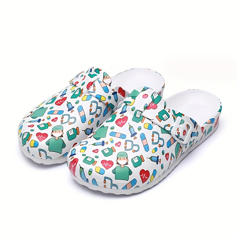Soft Sole Women's Comfy Flat Creative Print Clogs, Stylish Closed Toe Nurse Work Shoes, Slide Shoes