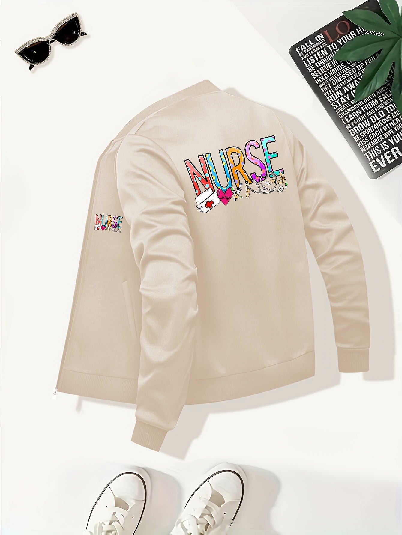 Women'S Casual Zip-Up Jacket, New Nurse Print, Baseball Collar, Pockets, Slight Stretch, Knitted Fabric
