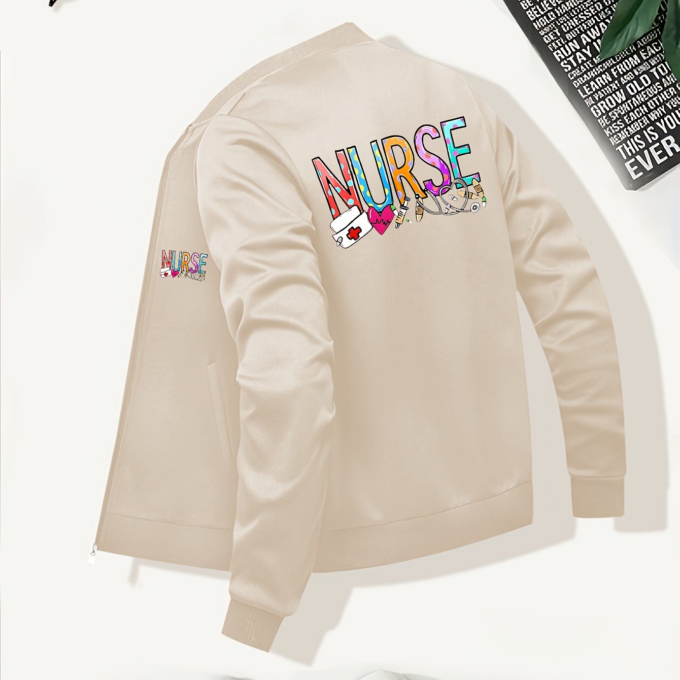 Women'S Casual Zip-Up Jacket, New Nurse Print, Baseball Collar, Pockets, Slight Stretch, Knitted Fabric