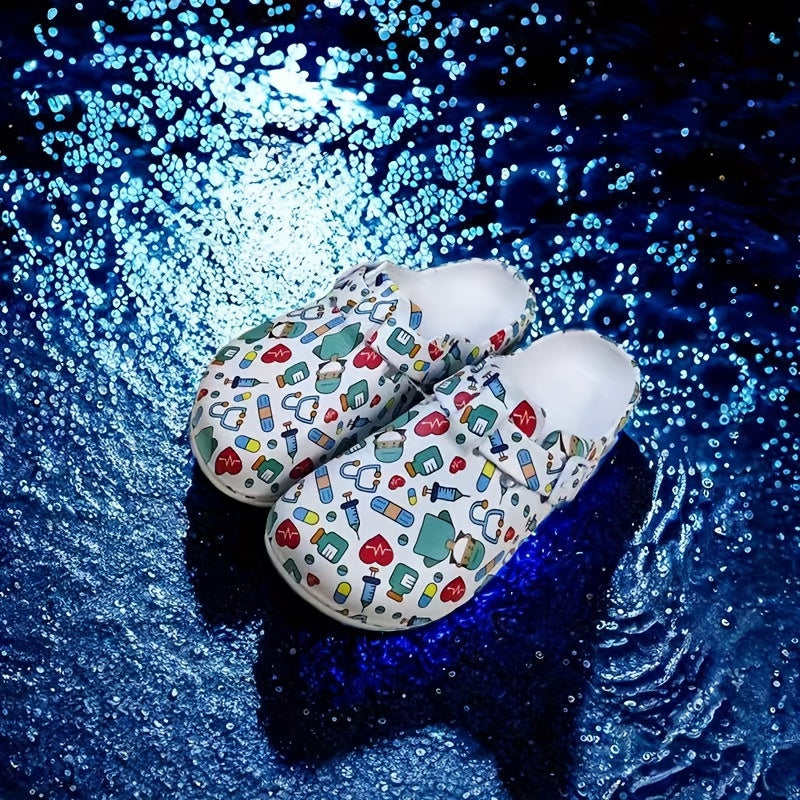 Soft Sole Women's Comfy Flat Creative Print Clogs, Stylish Closed Toe Nurse Work Shoes, Slide Shoes