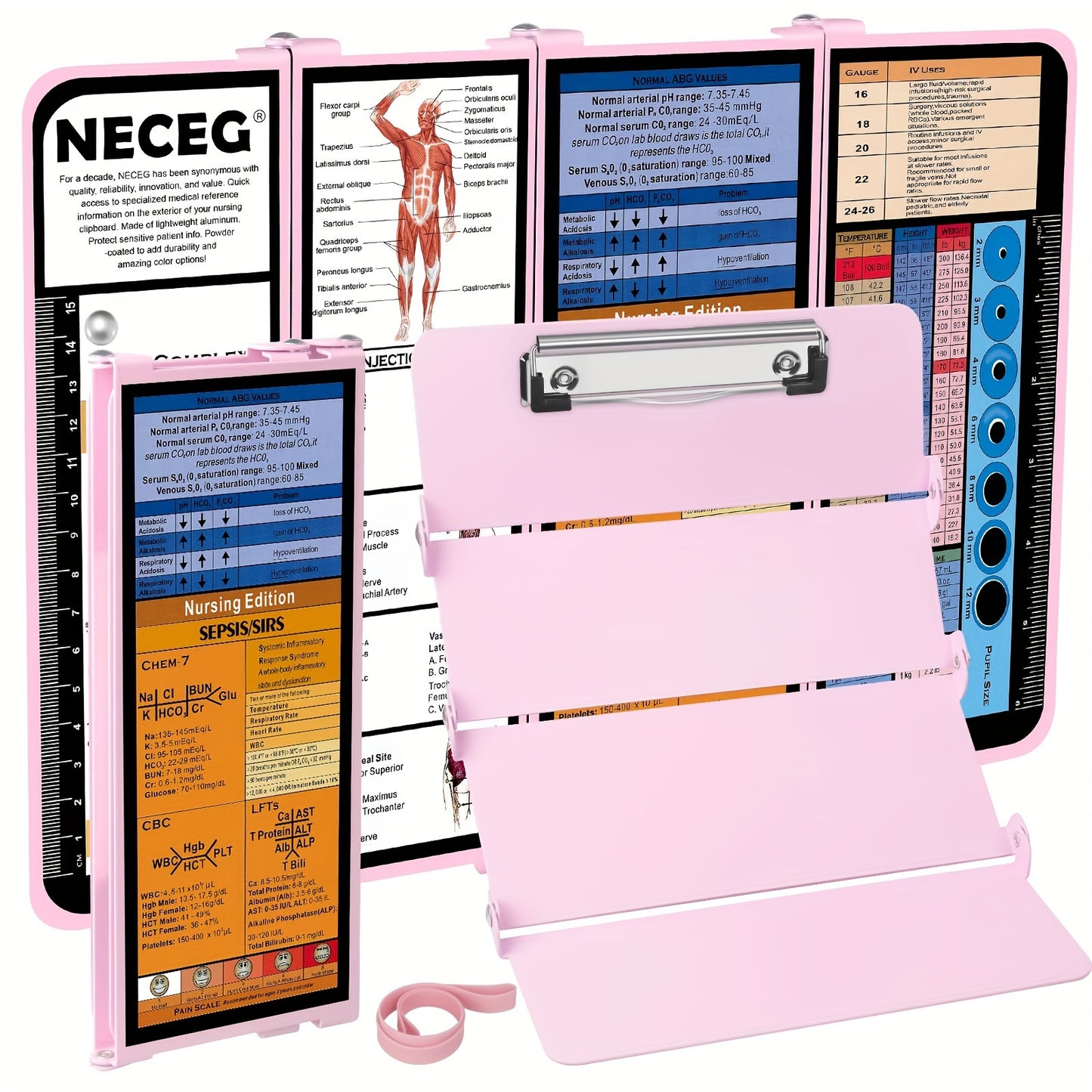 4 Layers Aluminum Nursing Clipboard Foldable - Pocket Size 3.5 x 9 inches with Medical Edition Cheat Sheets for Nurses, Students, and Doctors