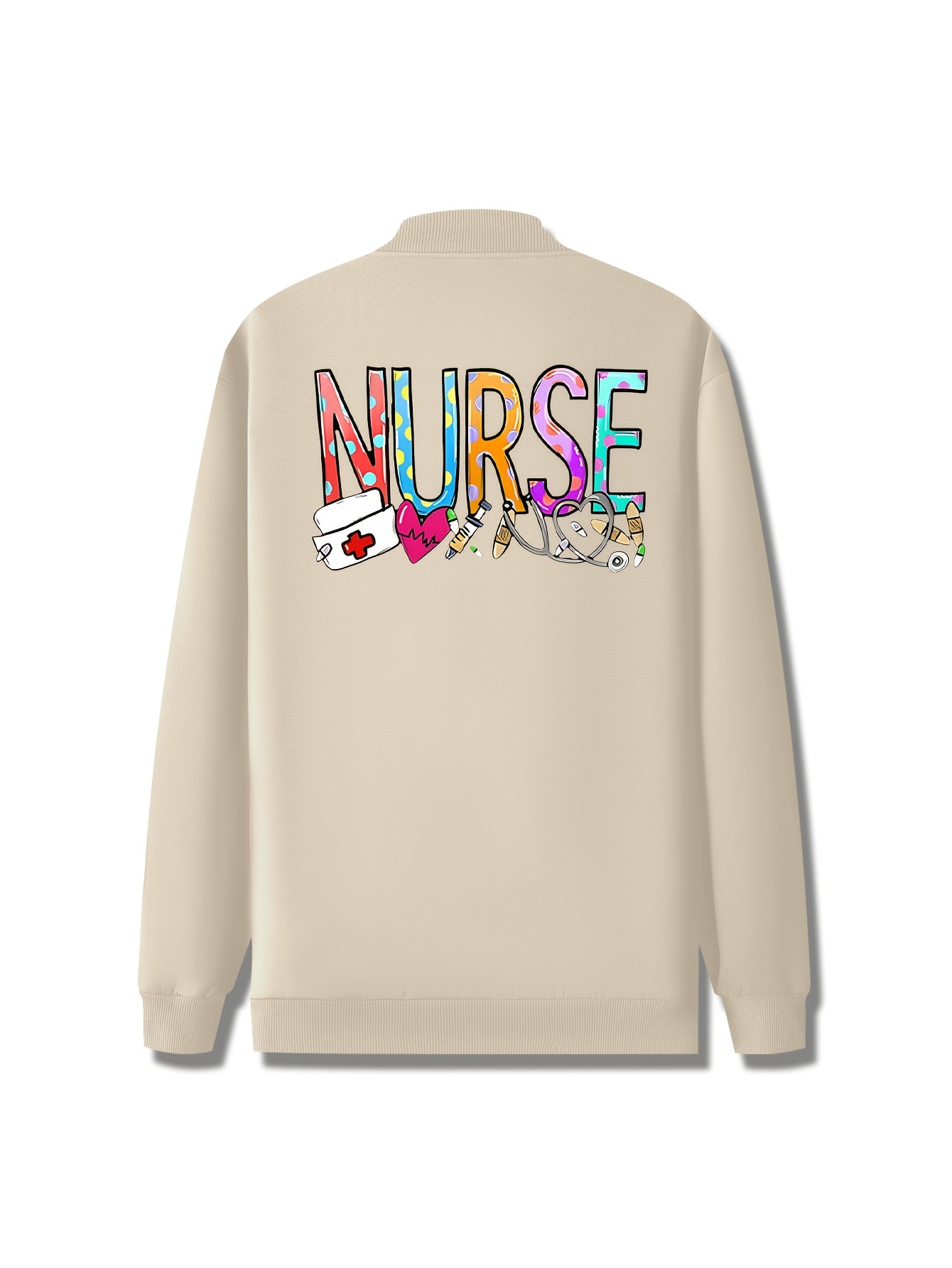Women'S Casual Zip-Up Jacket, New Nurse Print, Baseball Collar, Pockets, Slight Stretch, Knitted Fabric