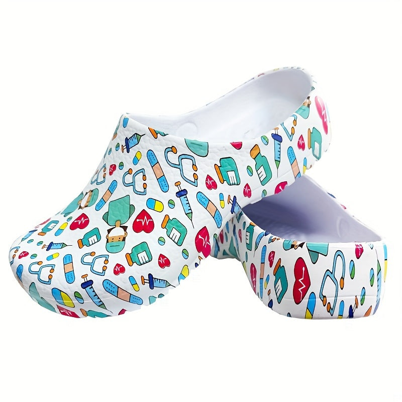 Women's Slip-On Nurse Clogs - Lightweight, Non-Slip EVA Work Shoes with Colorful Pattern