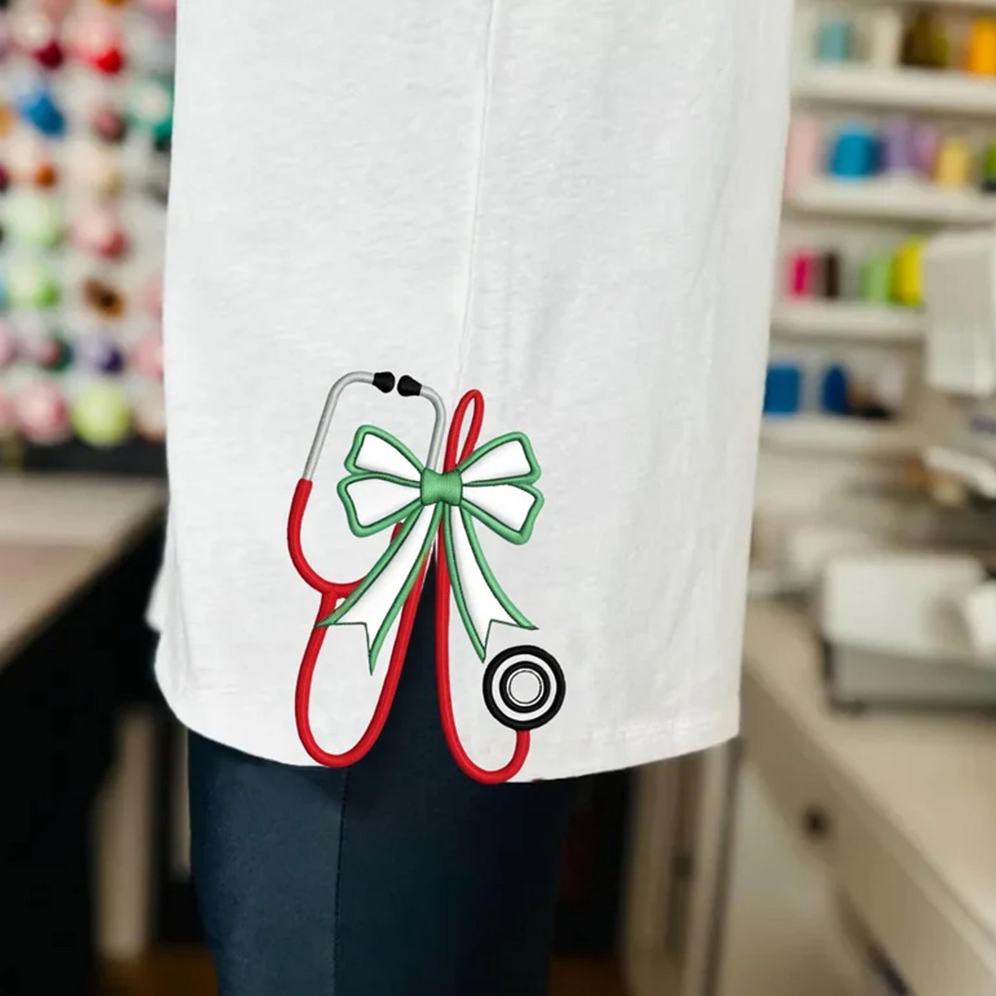 Medical Stethoscope and Bow Appliqué Embroidery Design Split Seam Style for Doctor-Themed Sweatshirts