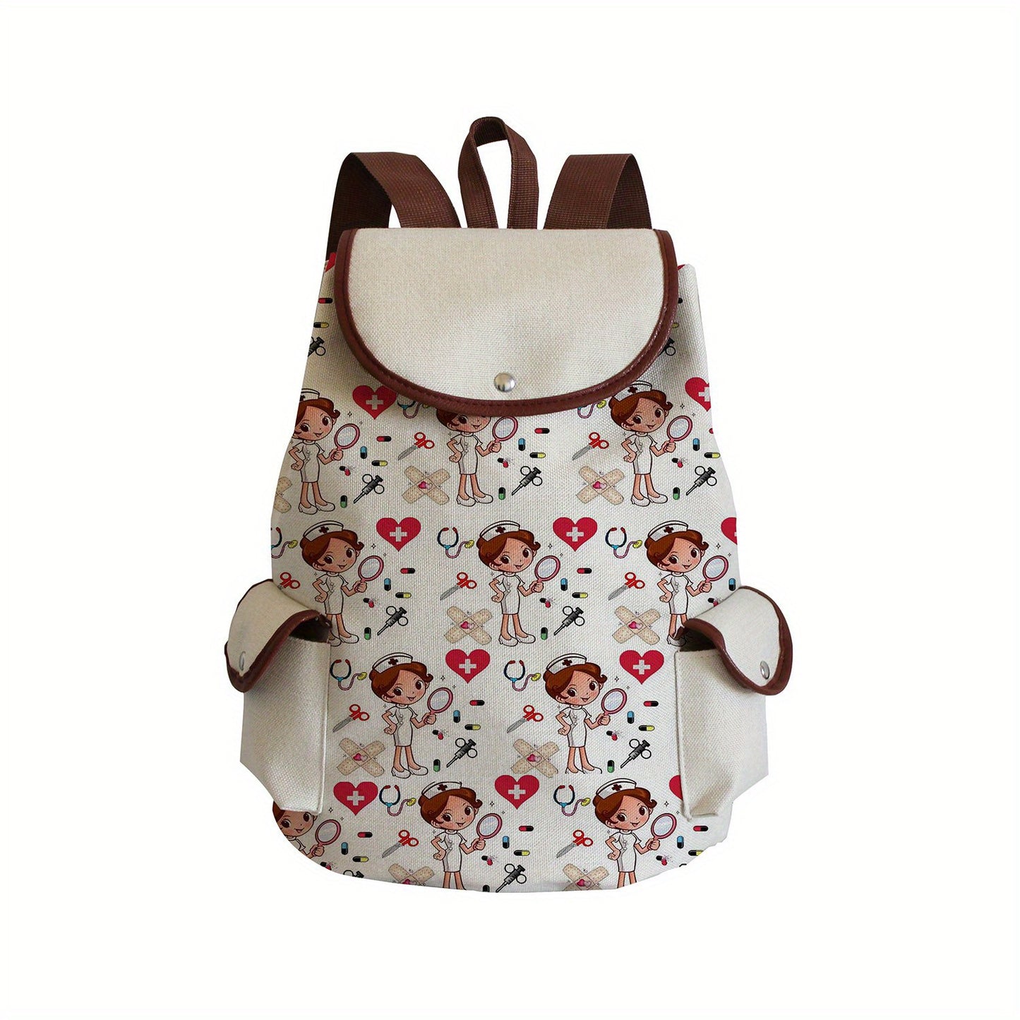 Multifunctional Cartoon Nurse Pattern Backpack, Classic Storage Daypack For Women, Work Bag