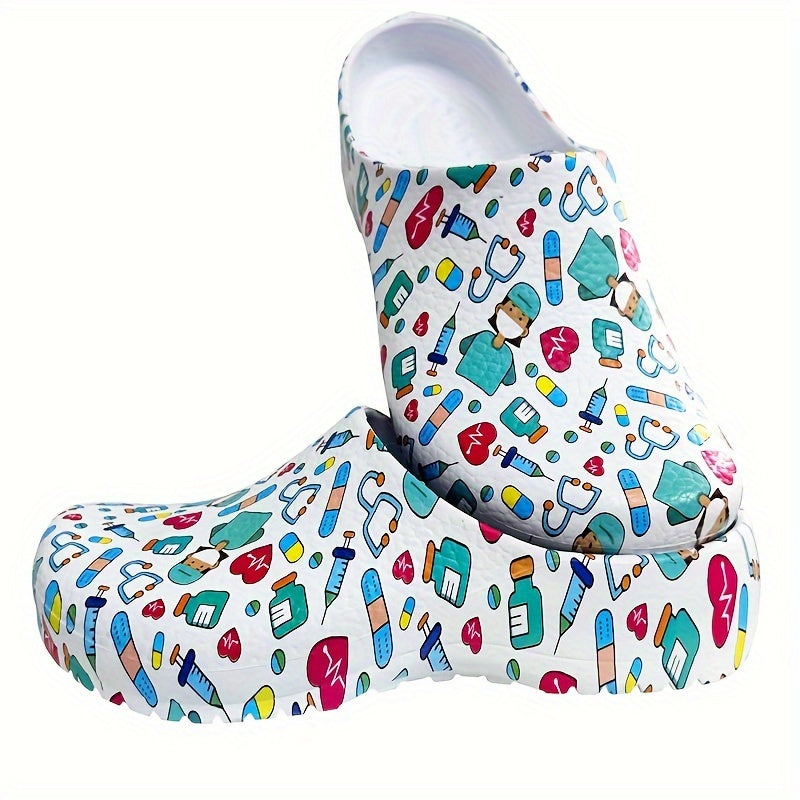 Women's Slip-On Nurse Clogs - Lightweight, Non-Slip EVA Work Shoes with Colorful Pattern