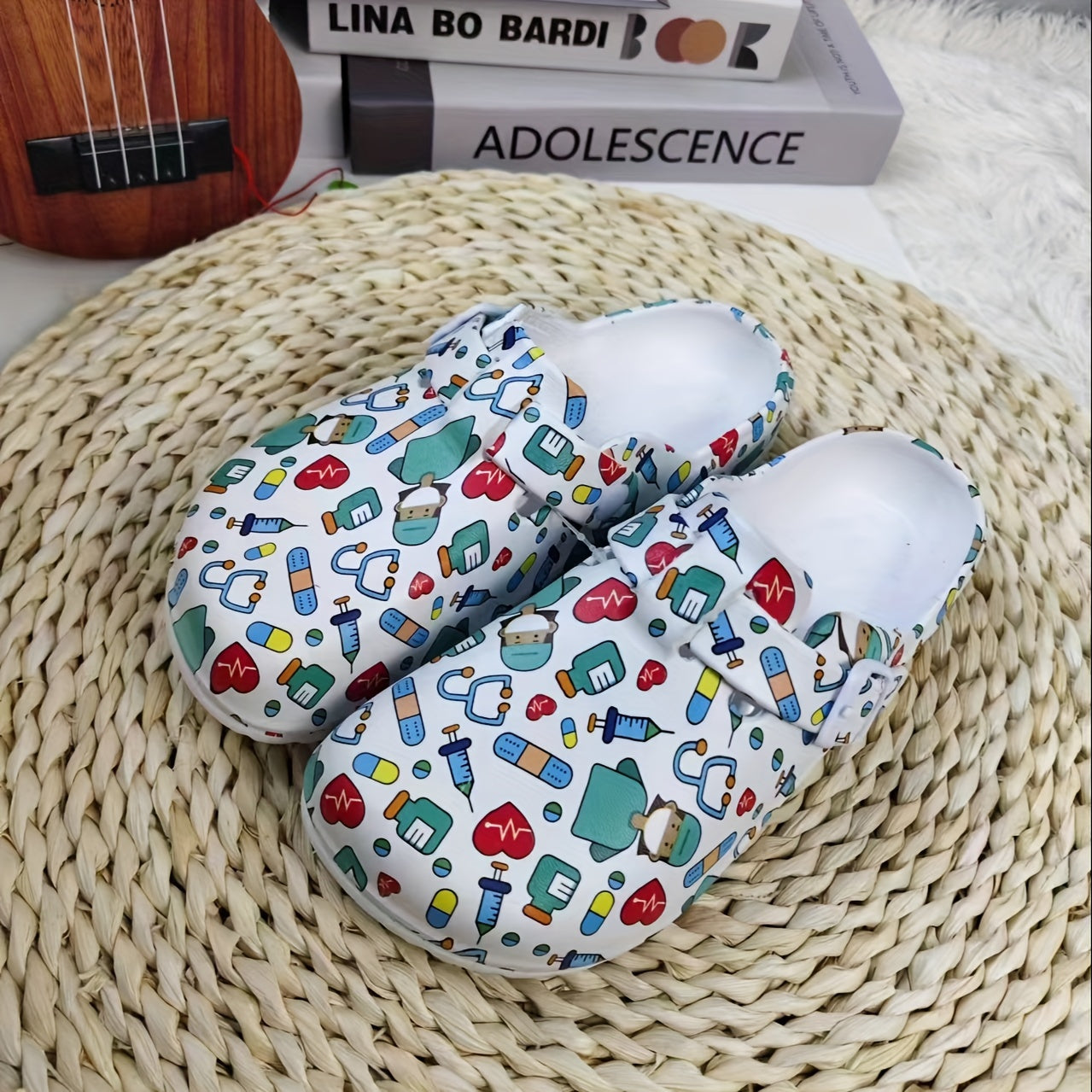 Soft Sole Women's Comfy Flat Creative Print Clogs, Stylish Closed Toe Nurse Work Shoes, Slide Shoes