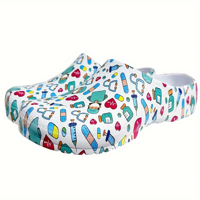Women's Slip-On Nurse Clogs - Lightweight, Non-Slip EVA Work Shoes with Colorful Pattern