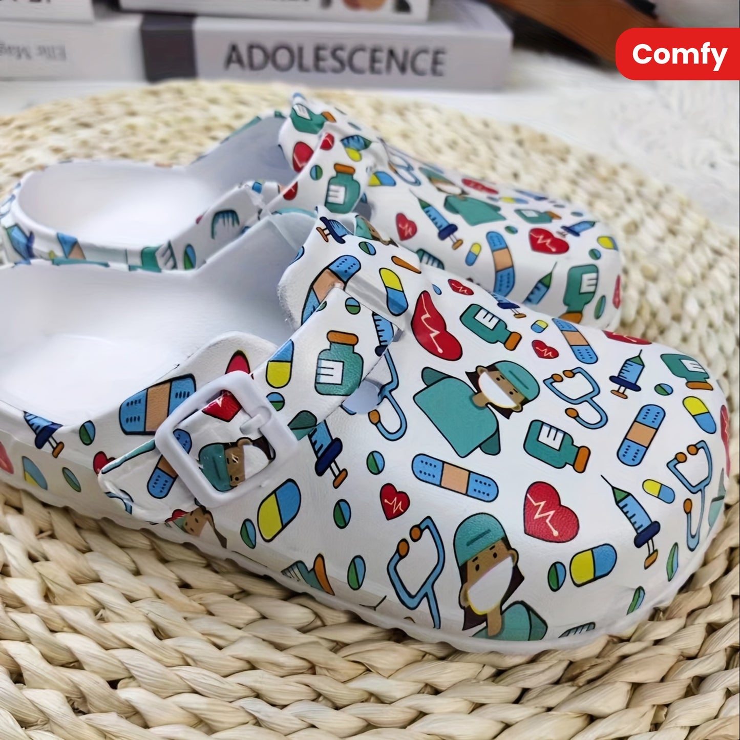 Soft Sole Women's Comfy Flat Creative Print Clogs, Stylish Closed Toe Nurse Work Shoes, Slide Shoes