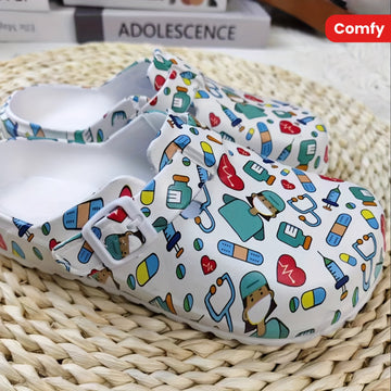 Soft Sole Women's Comfy Flat Creative Print Clogs, Stylish Closed Toe Nurse Work Shoes, Slide Shoes