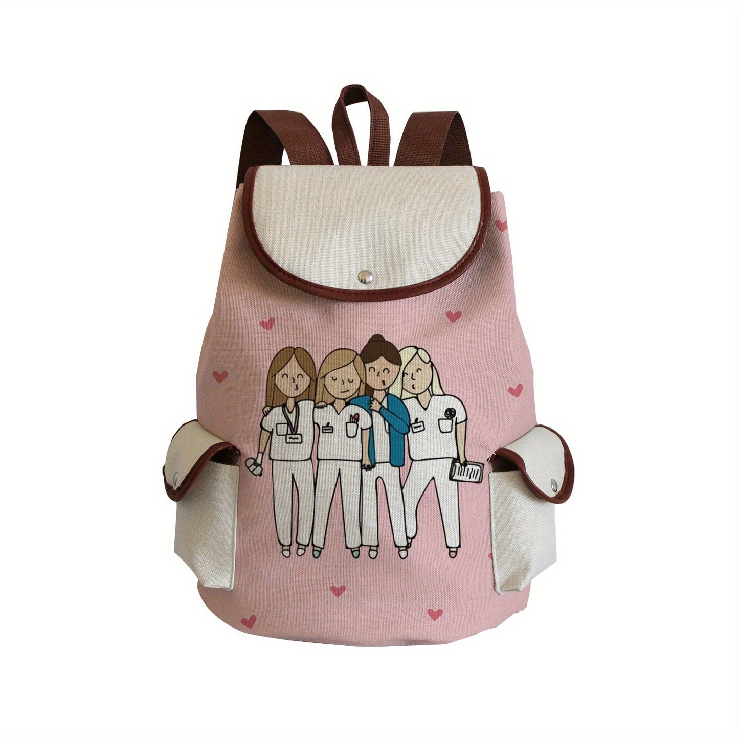 Multifunctional Cartoon Nurse Pattern Backpack, Classic Storage Daypack For Women, Work Bag
