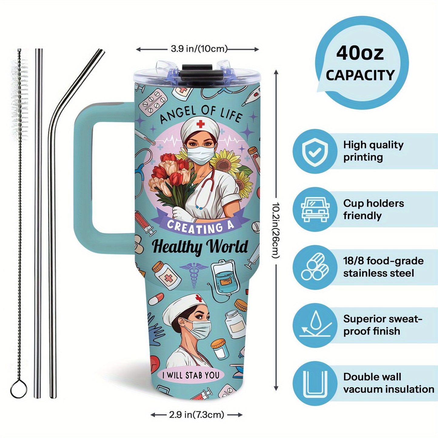 40oz BPA-Free Stainless Steel Nurse Appreciation Tumbler with Handle