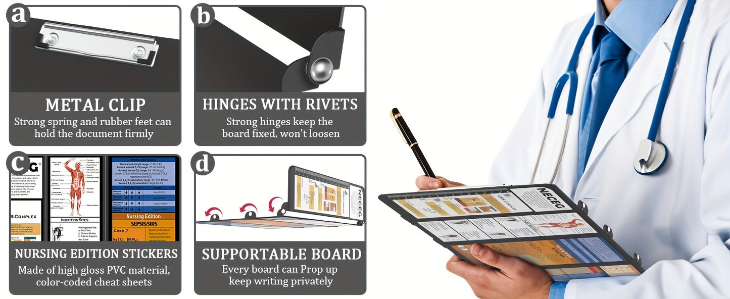 4 Layers Aluminum Nursing Clipboard Foldable - Pocket Size 3.5 x 9 inches with Medical Edition Cheat Sheets for Nurses, Students, and Doctors
