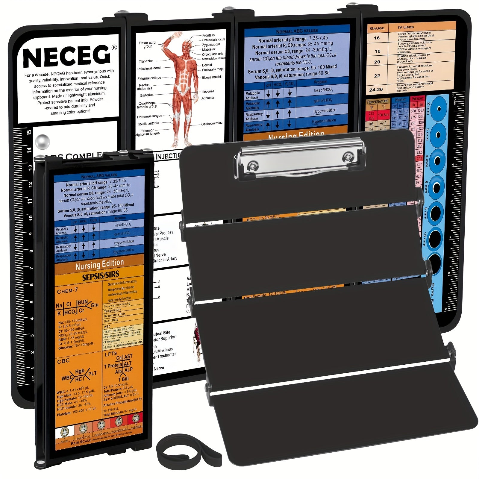 4 Layers Aluminum Nursing Clipboard Foldable - Pocket Size 3.5 x 9 inches with Medical Edition Cheat Sheets for Nurses, Students, and Doctors