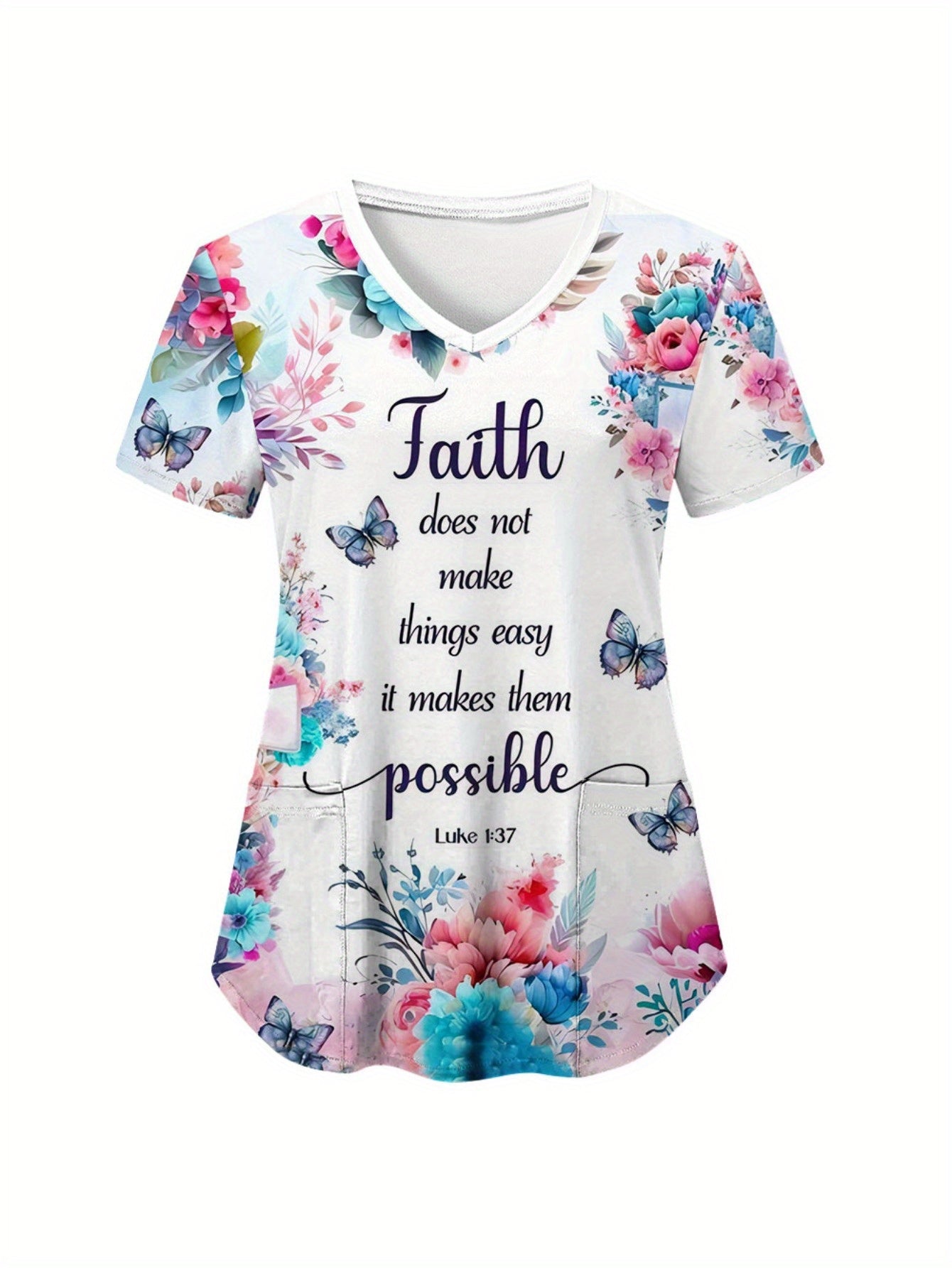 Inspirational Faith, Scrub Top Lightweight Polyester V-Neck Scrub Top for Women