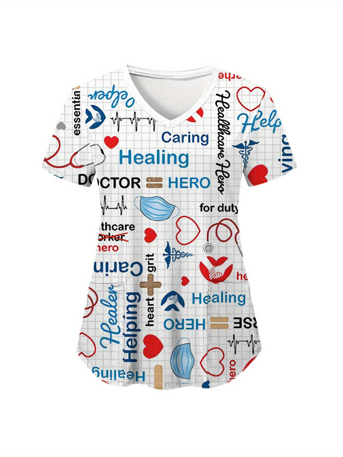 New Spring Fashion V-Neck Printed Short Sleeve Shirt Top - Women's Workwear with Pockets