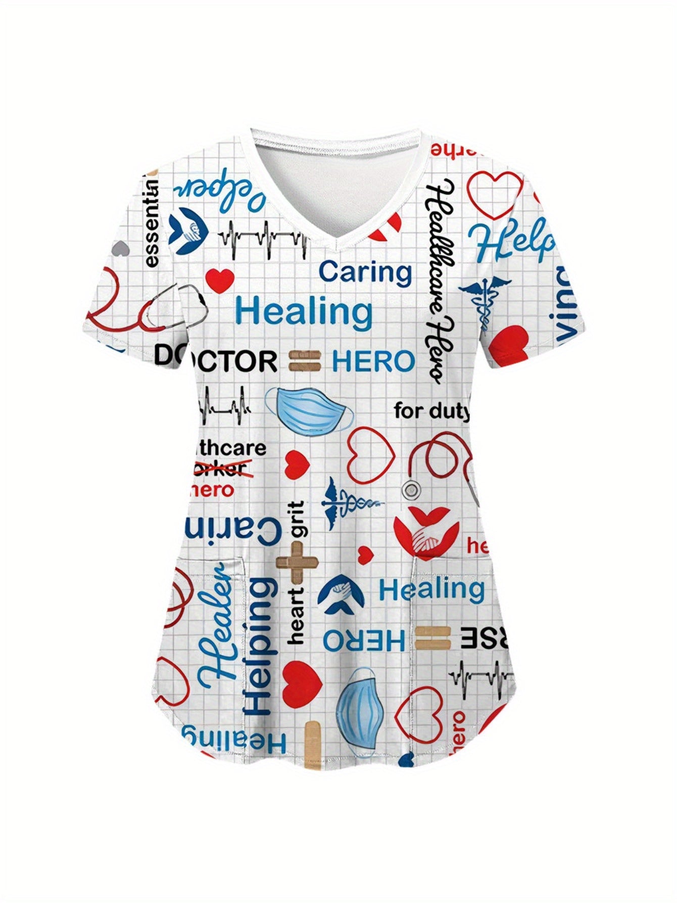 New Spring Fashion V-Neck Printed Short Sleeve Shirt Top - Women's Workwear with Pockets