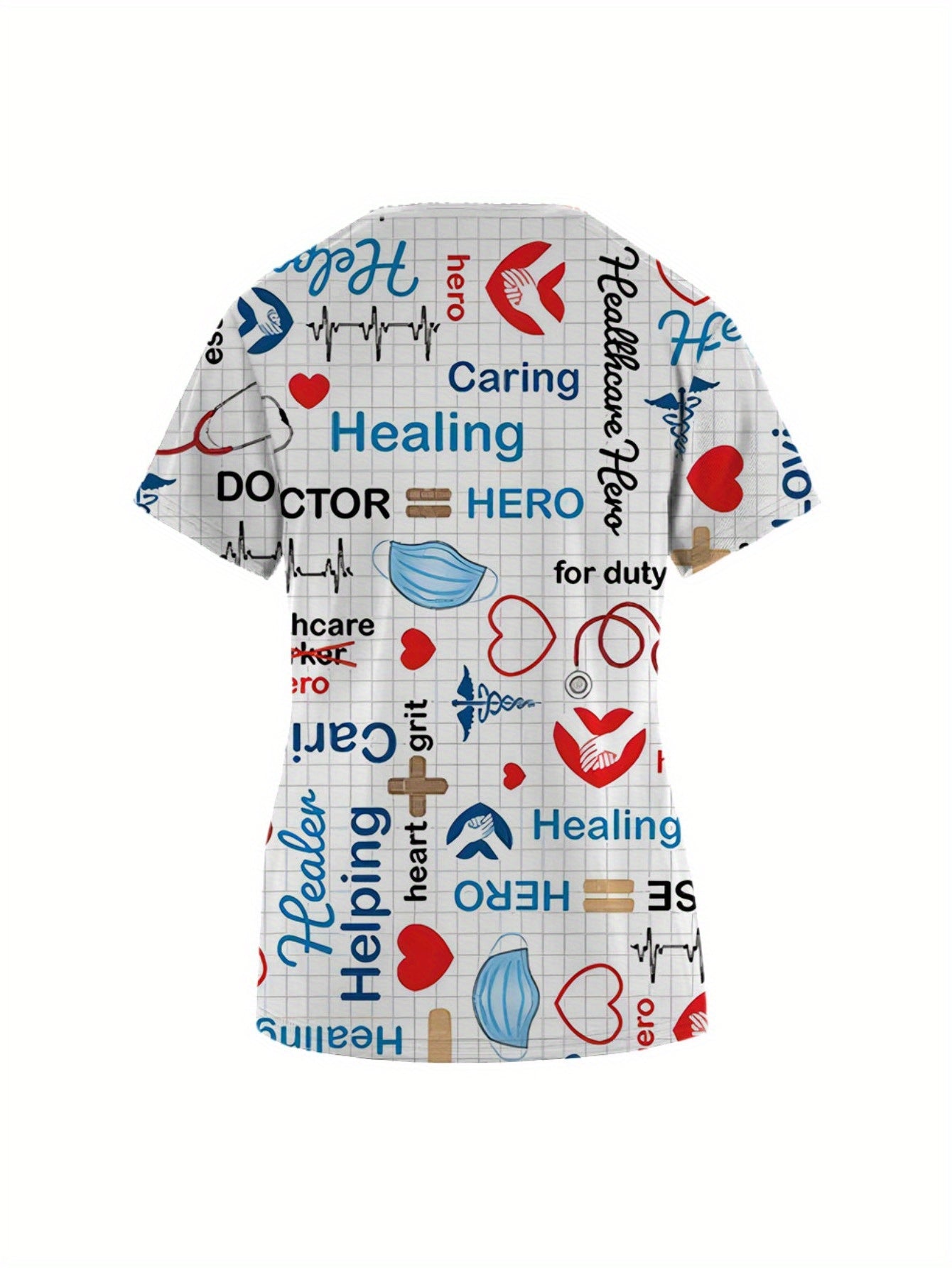New Spring Fashion V-Neck Printed Short Sleeve Shirt Top - Women's Workwear with Pockets