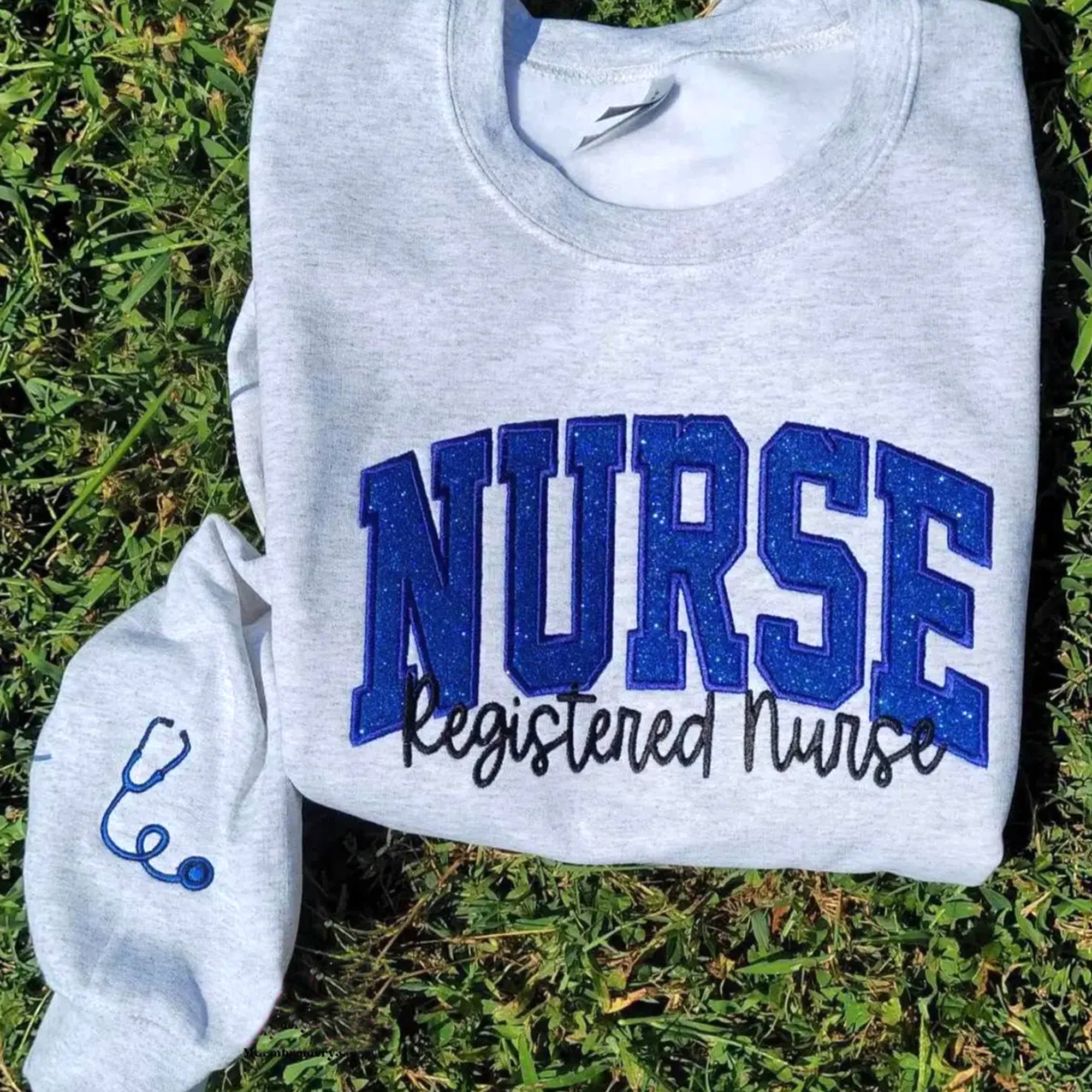 Personalized Nurse Embroidered Sweatshirt: Glitter Stethoscope Sleeve