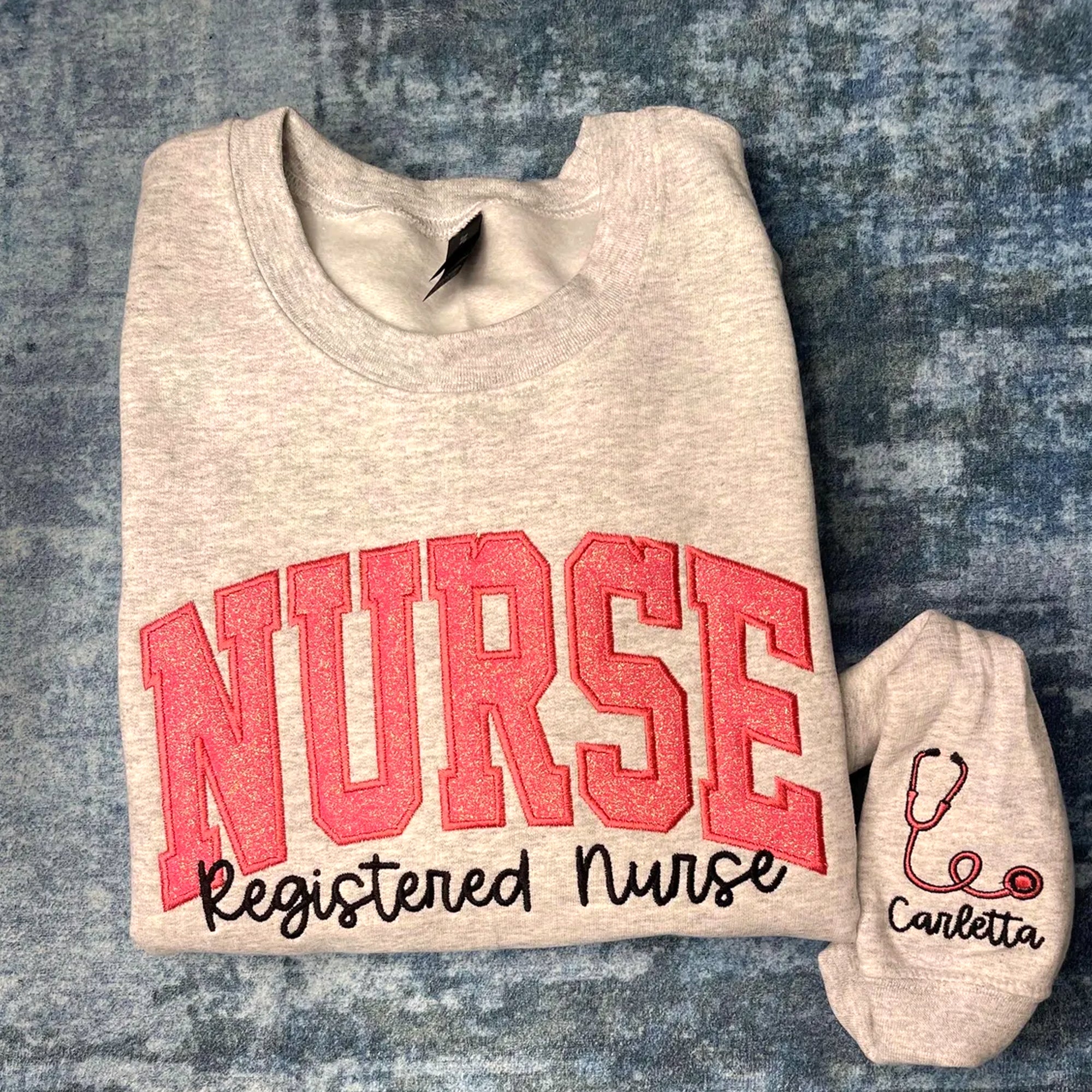 Personalized Nurse Embroidered Sweatshirt: Glitter Stethoscope Sleeve