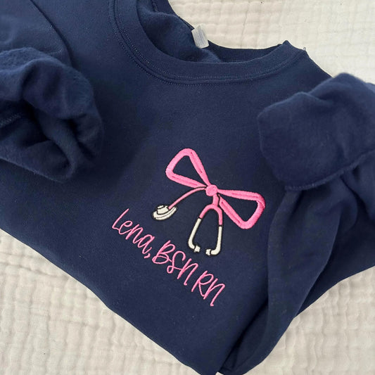 Custom Crewneck Sweatshirt. Custom Embroidered Sweatshirt Nurse Coquette Stethoscope Bow Embroidery.