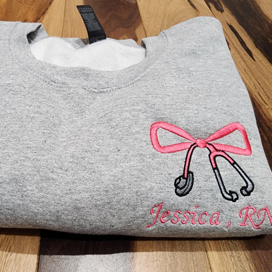 Custom Embroidered Sweatshirt Nurse Coquette, Stethoscope Bow Embroidery For RN, CAN, LPN, ER, ICU, School Nurses