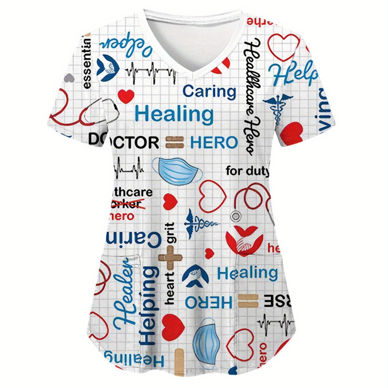 New Spring Fashion V-Neck Printed Short Sleeve Shirt Top - Women's Workwear with Pockets