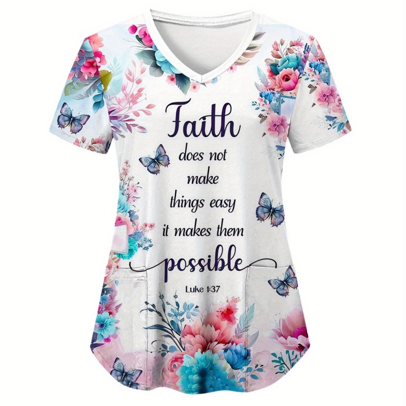 Inspirational Faith, Scrub Top Lightweight Polyester V-Neck Scrub Top for Women