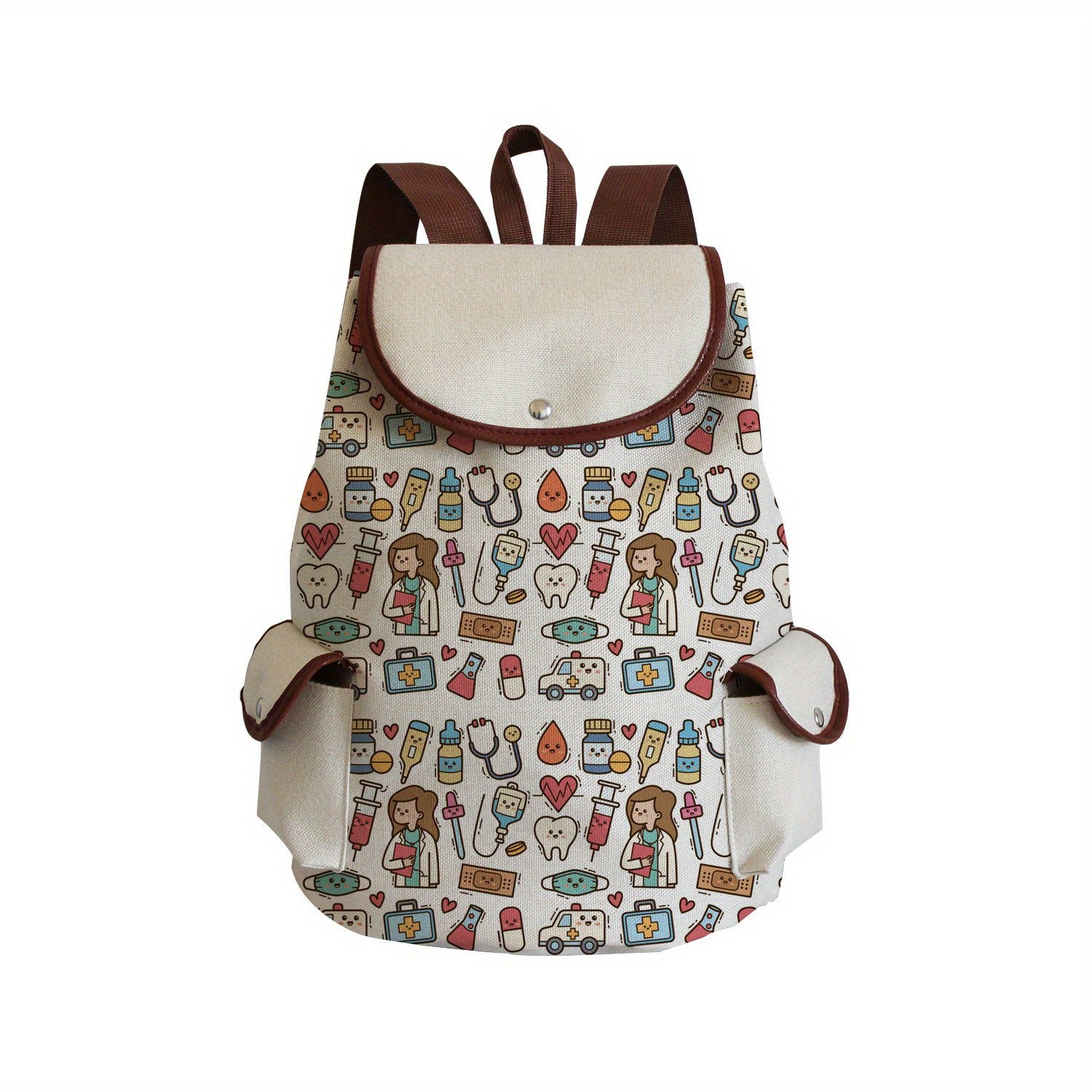 Multifunctional Cartoon Nurse Pattern Backpack, Classic Storage Daypack For Women, Work Bag