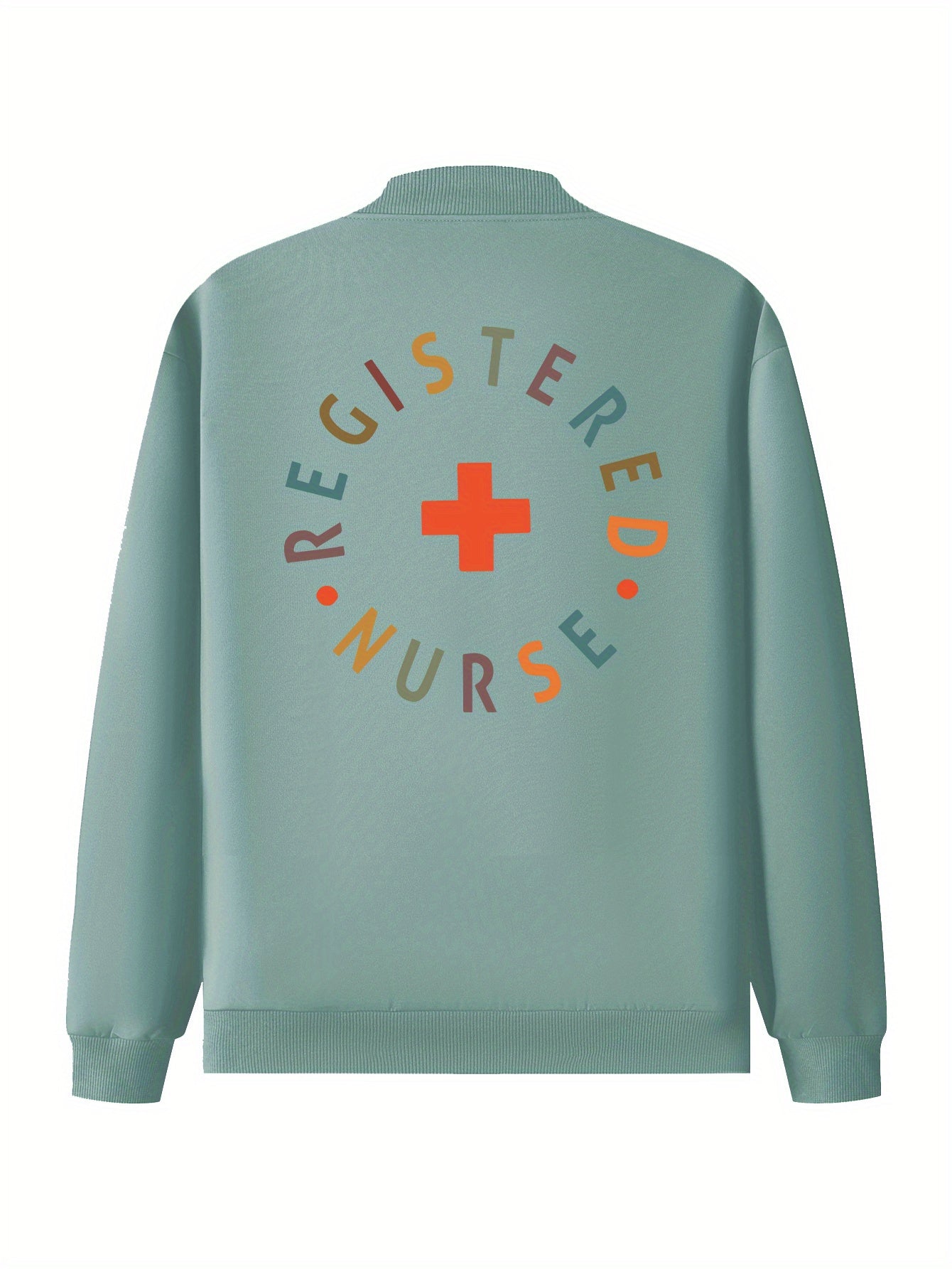 Women's "REGISTERED NURSE" Printed Casual Jacket - Beige Zip-Up with Stand Collar, Long Sleeves, and Pockets, Polyester Blend