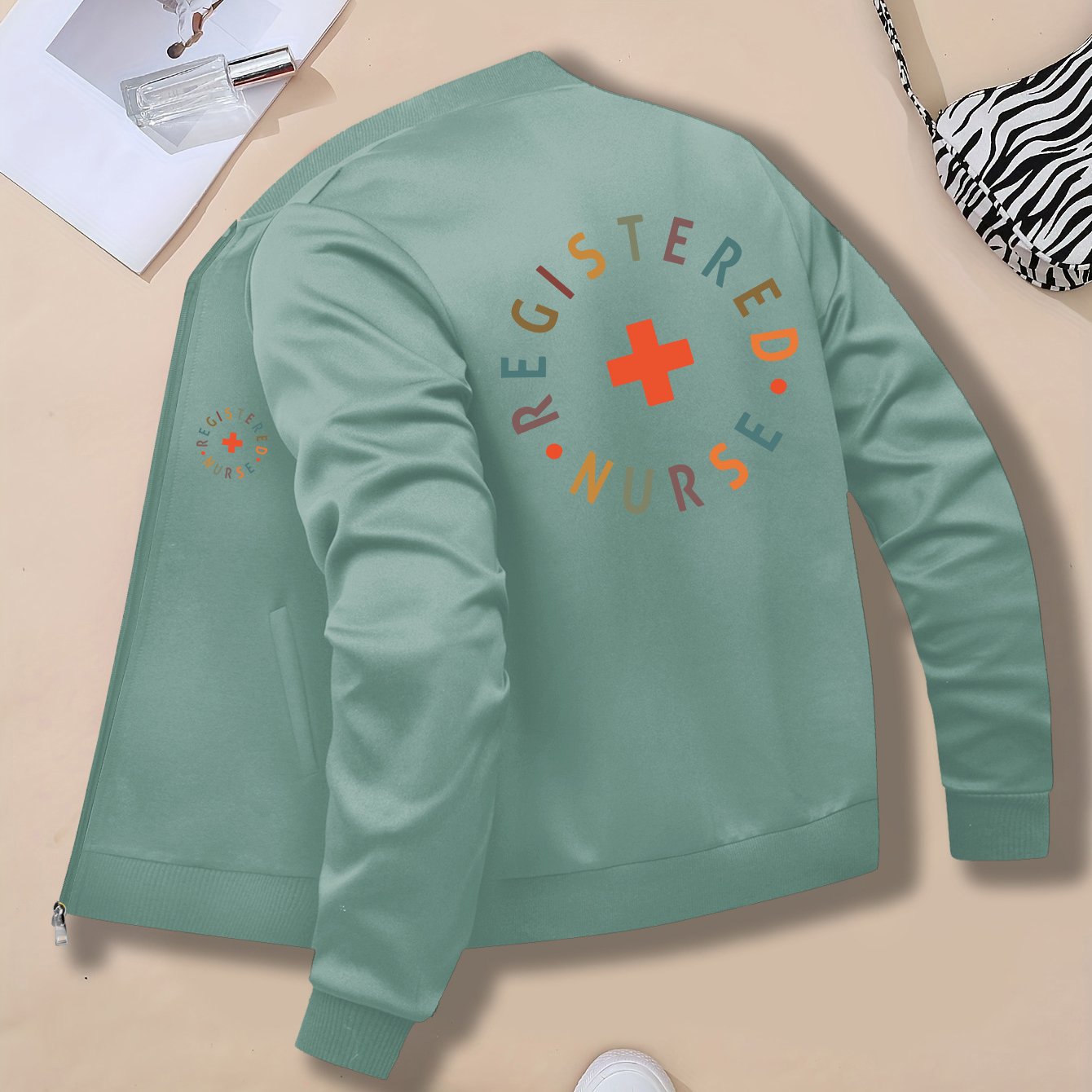 Women's "REGISTERED NURSE" Printed Casual Jacket - Beige Zip-Up with Stand Collar, Long Sleeves, and Pockets, Polyester Blend