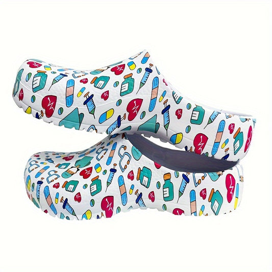 Women's Slip-On Nurse Clogs - Lightweight, Non-Slip EVA Work Shoes with Colorful Pattern