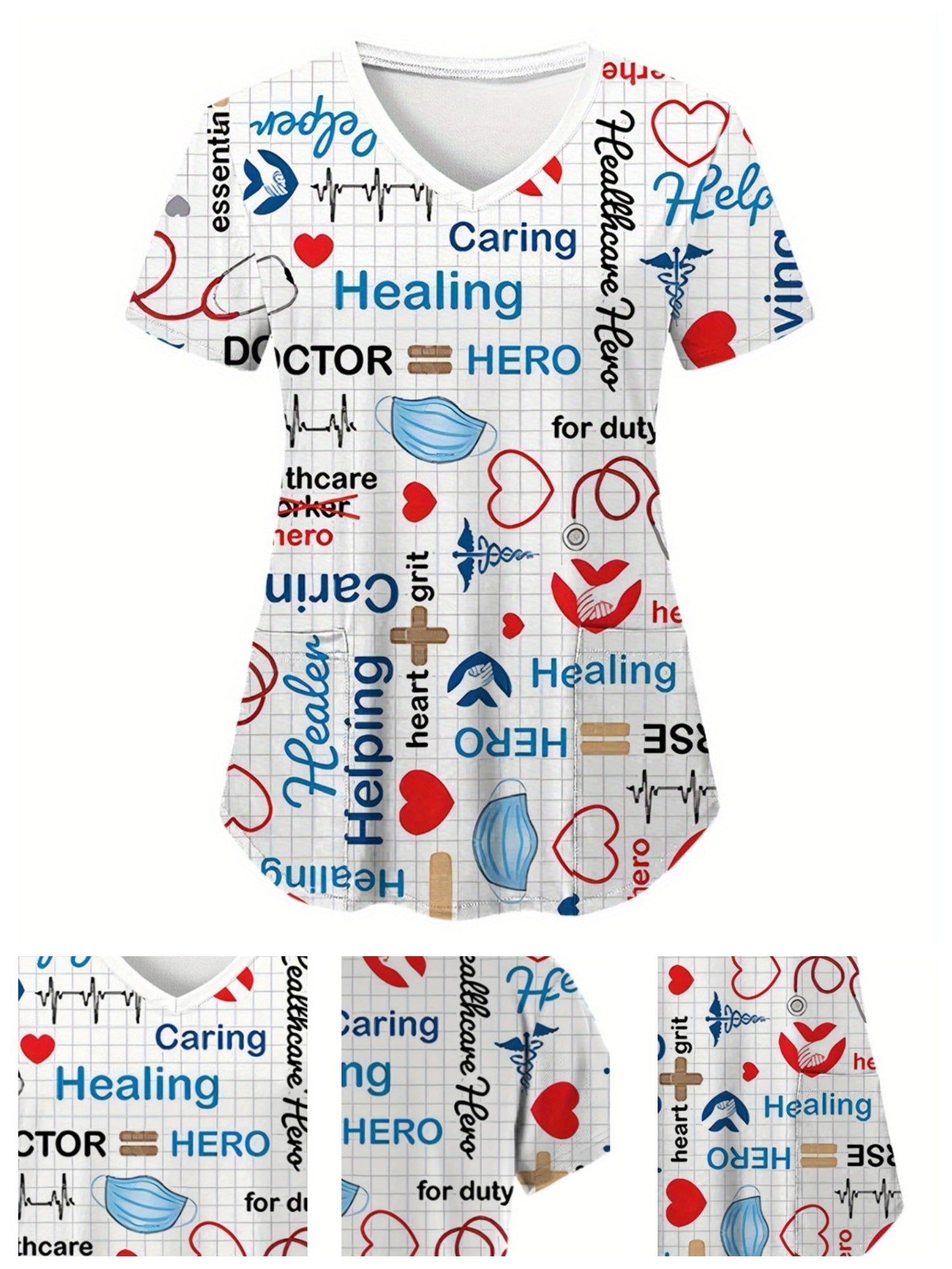 New Spring Fashion V-Neck Printed Short Sleeve Shirt Top - Women's Workwear with Pockets