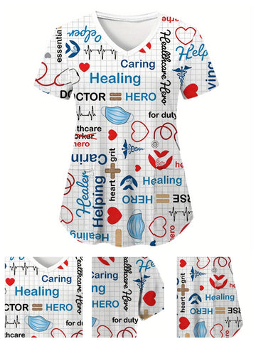 New Spring Fashion V-Neck Printed Short Sleeve Shirt Top - Women's Workwear with Pockets