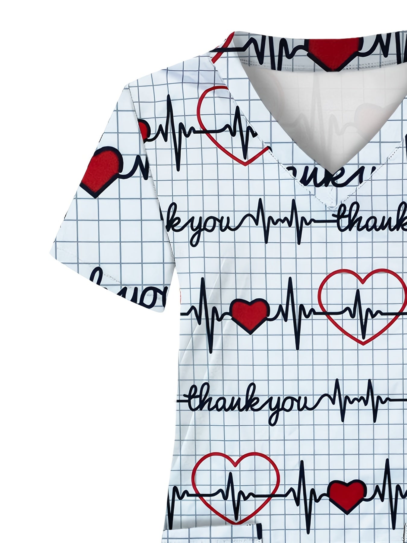 A Full-Body Printed T-Shirt with an Electrocardiogram Pattern, Featuring Two Pockets, Designed for Women in Healthcare.