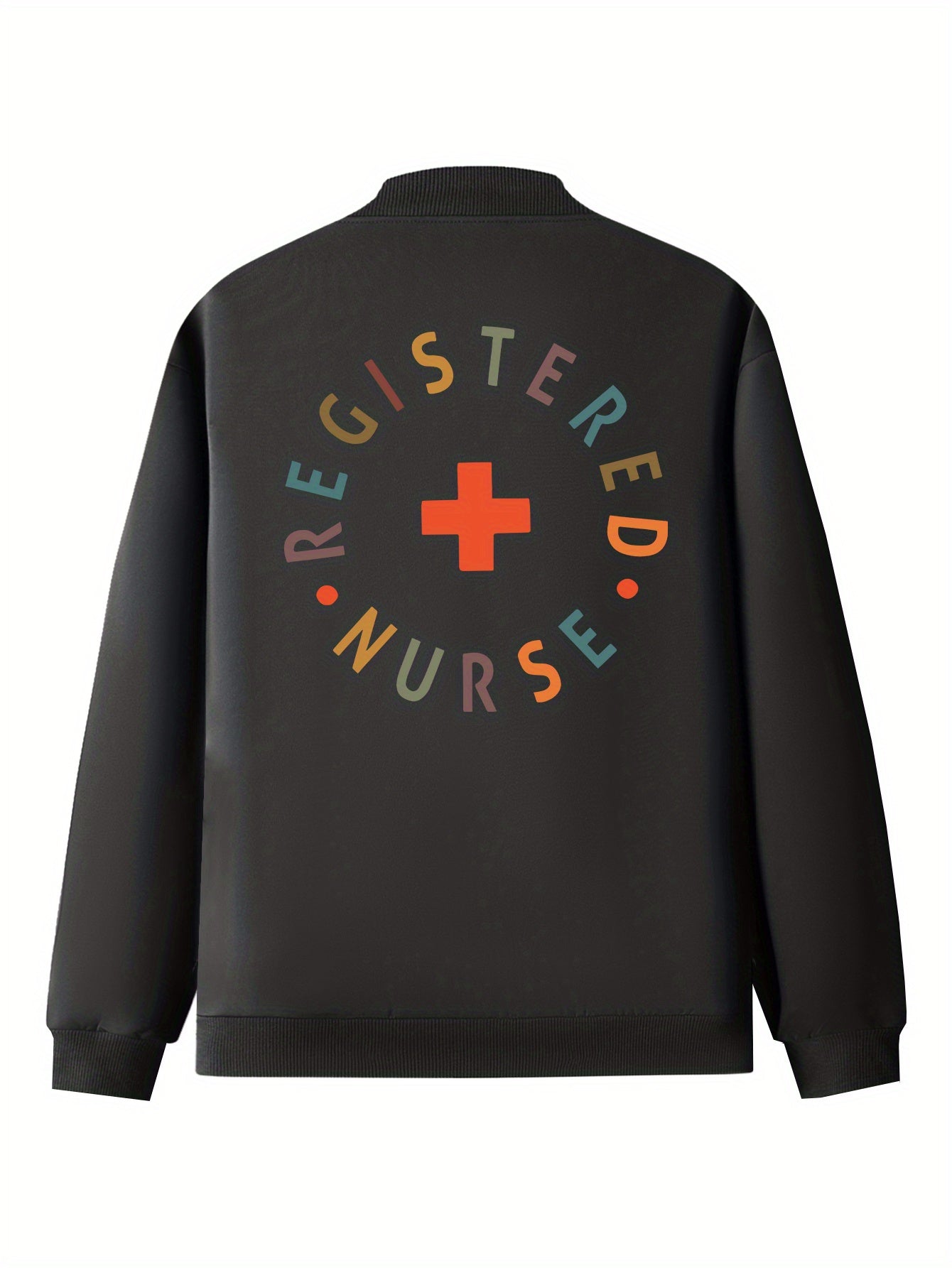 Women's "REGISTERED NURSE" Printed Casual Jacket - Beige Zip-Up with Stand Collar, Long Sleeves, and Pockets, Polyester Blend