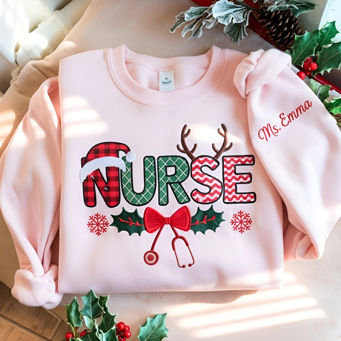 EMBROIDERED Custom Christmas Nurse Sweatshirt, Festive Nurse Sweater, Merry Christmas Nurse Holiday Crewneck Sweatshirt
