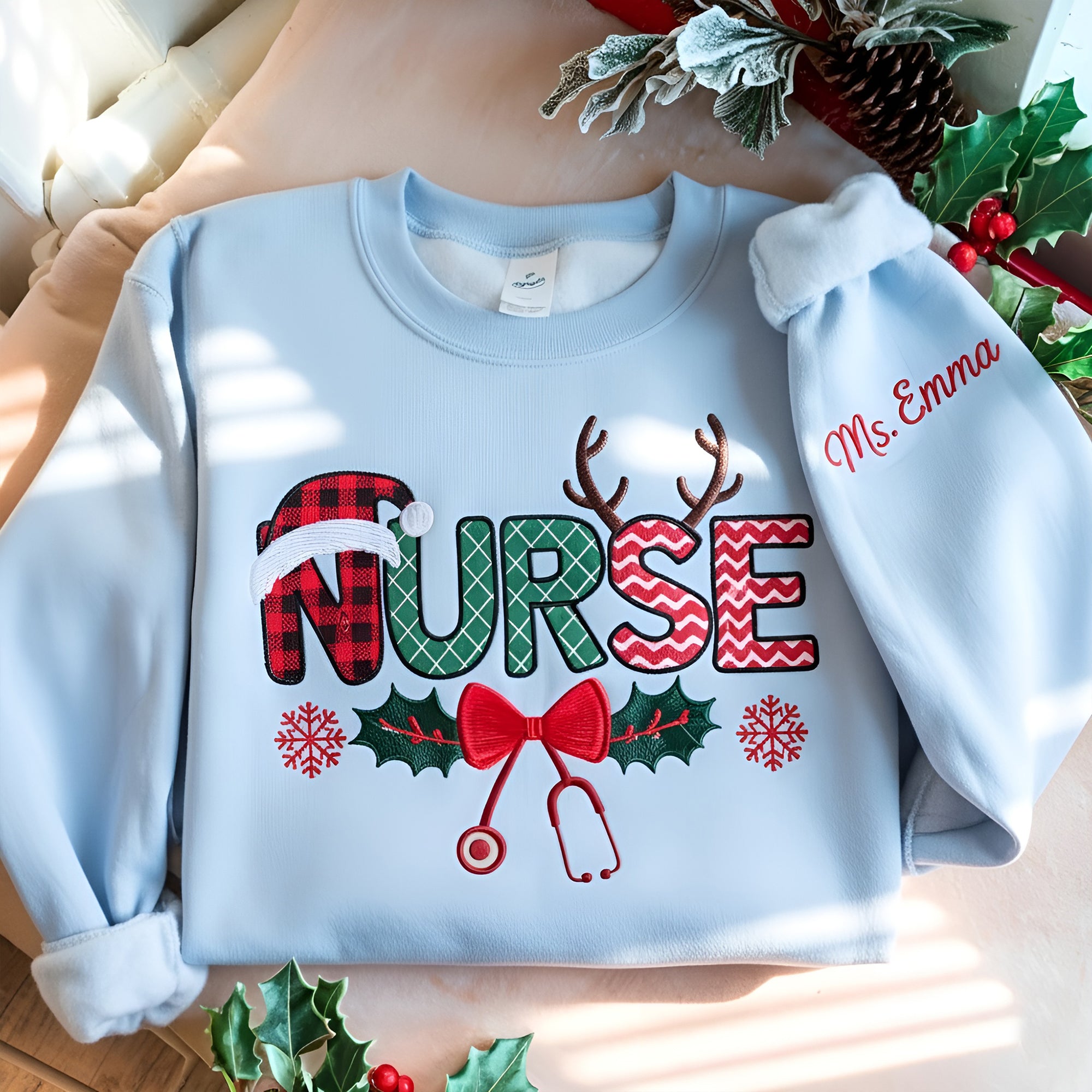 EMBROIDERED Custom Christmas Nurse Sweatshirt, Festive Nurse Sweater, Merry Christmas Nurse Holiday Crewneck Sweatshirt