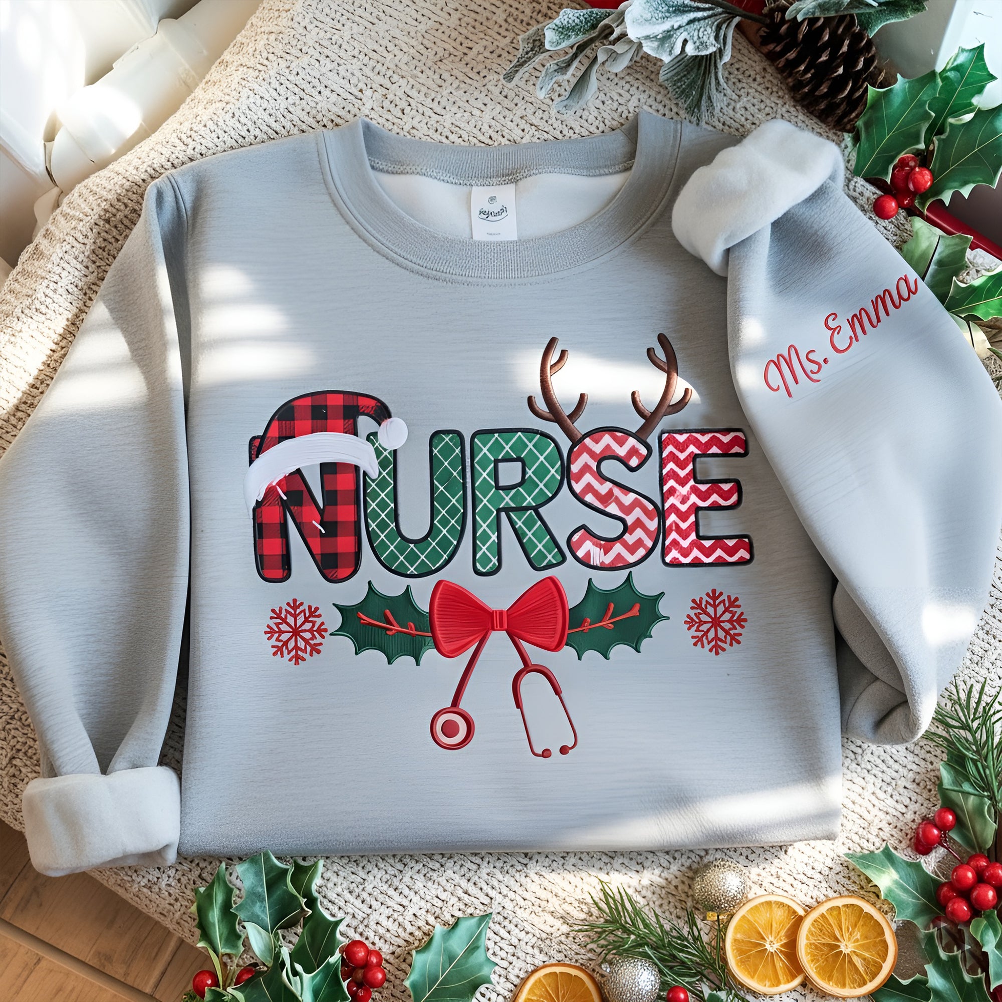 EMBROIDERED Custom Christmas Nurse Sweatshirt, Festive Nurse Sweater, Merry Christmas Nurse Holiday Crewneck Sweatshirt