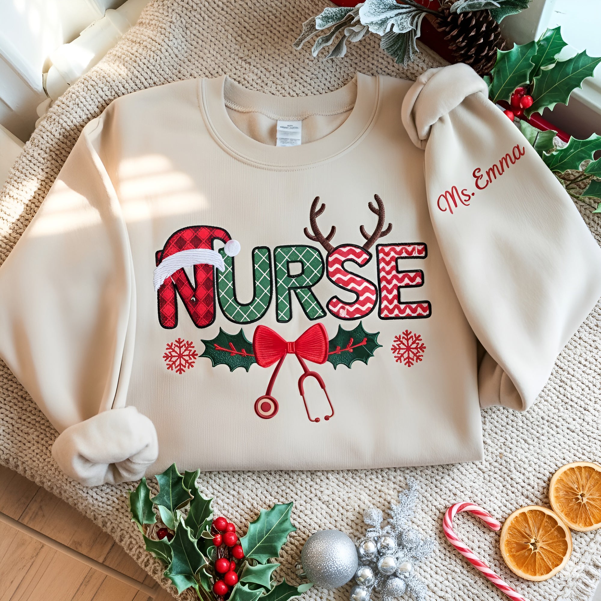 EMBROIDERED Custom Christmas Nurse Sweatshirt, Festive Nurse Sweater, Merry Christmas Nurse Holiday Crewneck Sweatshirt