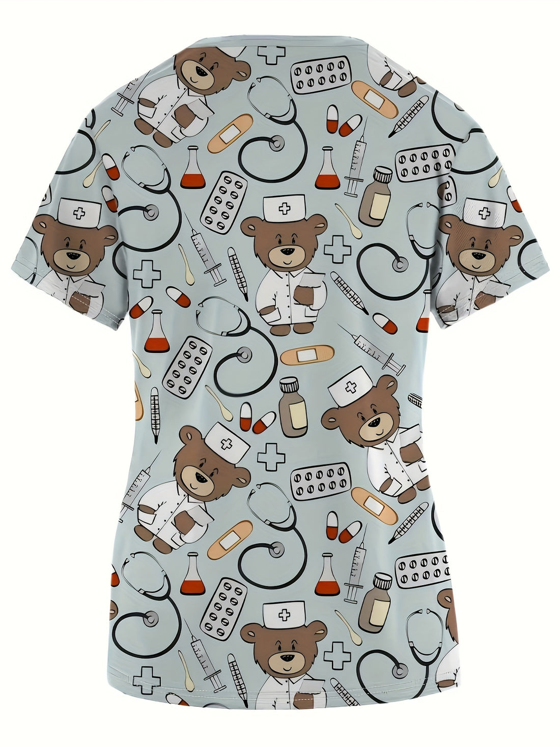 Comfortable Cartoon Bear Doctor Pattern Print Women's V-Neck Short-Sleeve Nurse Top - Nurse Work Uniform