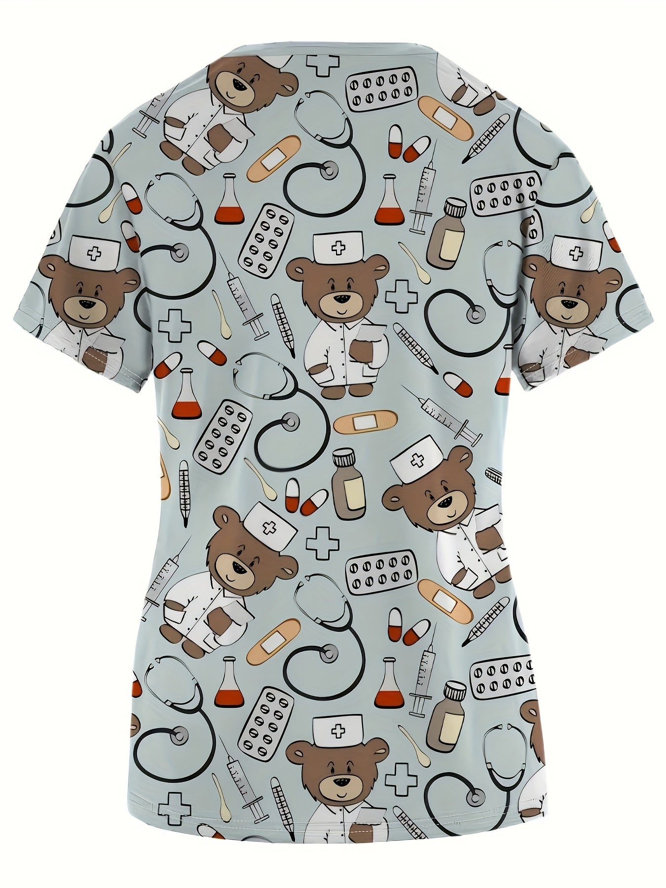 Comfortable Cartoon Bear Doctor Pattern Print Women's V-Neck Short-Sleeve Nurse Top - Nurse Work Uniform