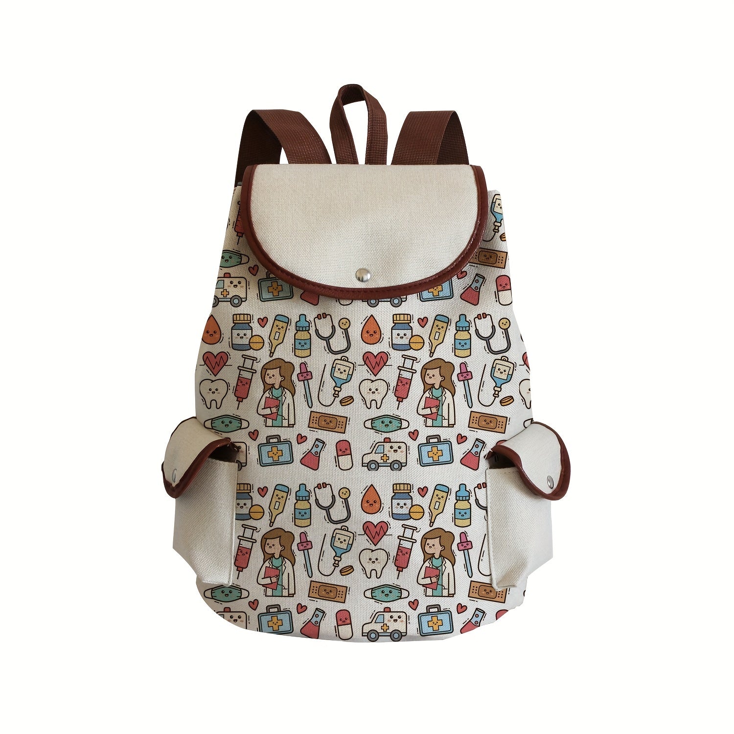 Multifunctional Cartoon Nurse Pattern Backpack, Classic Storage Daypack For Women, Work Bag