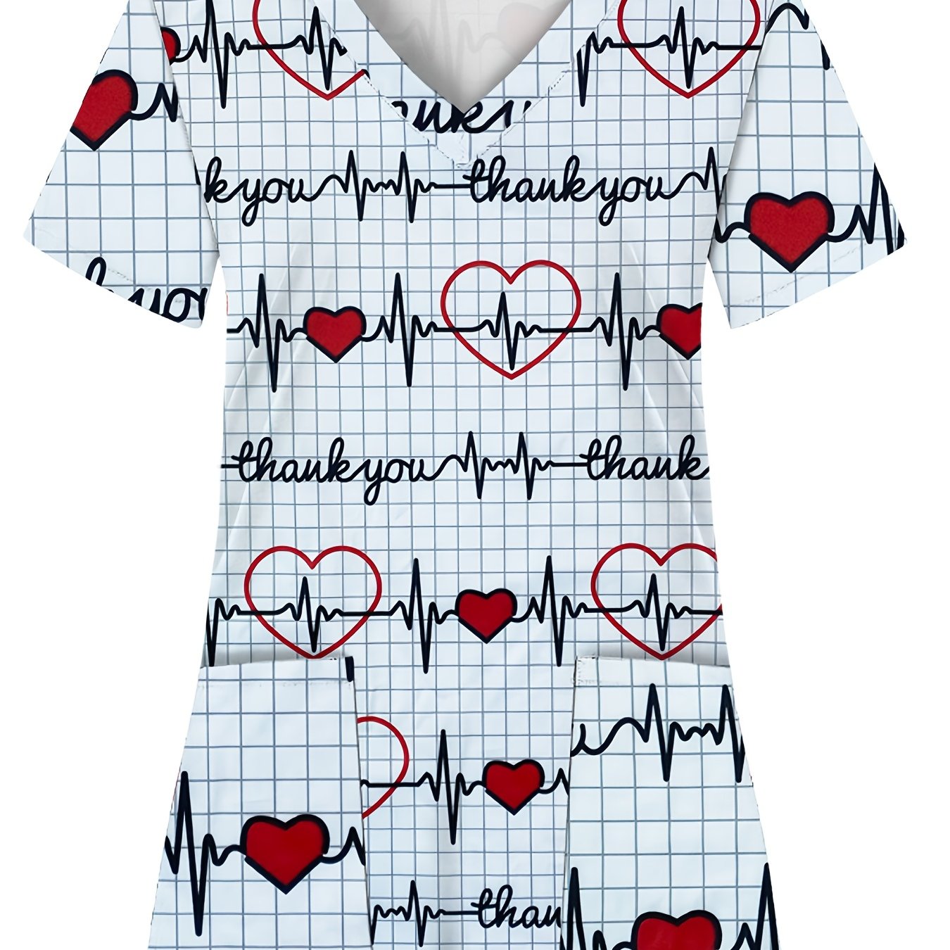 A Full-Body Printed T-Shirt with an Electrocardiogram Pattern, Featuring Two Pockets, Designed for Women in Healthcare.